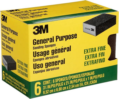 3M Sanding Sponge Block, 6-Pack, Extra Fine Grits, 3-3/4 in x 2-5/8 in, Designed For Sanding Wood, Paint, Metal, Plastic or Drywall, Features 3M Abrasive, Made with Durable Flexible Foam (CP000-6P-CC)