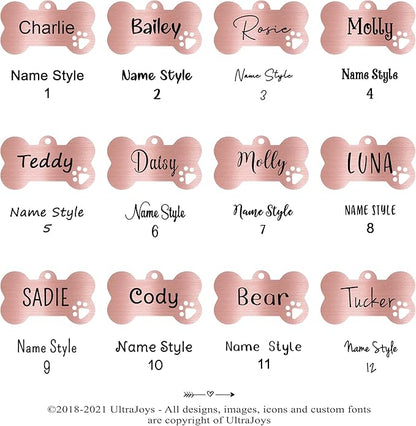 Ultra Joys Dog Tags Personalized for Pets - Hollow Paw Custom Pet ID Tag - Engraved Dog Tag for Small, Large Dogs - Large Bone in Rose