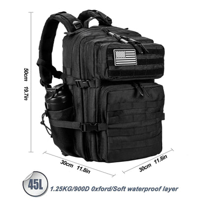 LHI Military Tactical Backpack for Men and Women 45L Army 3 Days Assault Pack Bag Large Rucksack with Molle System - Black