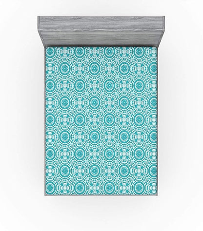 Ambesonne Boho Fitted Sheet, Continuous Abstract Pattern with Modern Mandala Effect Monochrome, Bed Cover with All-Round Elastic Deep Pocket for Comfort, Queen Size, Dark Seafoam and White