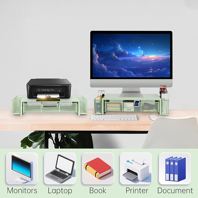 Computer Monitor Stand Riser with Drawer and Pen Holders, Desk Organizer Shelf and Accessories, Office Desk Accessories, Office Organization, Green