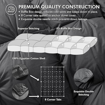 Luxurious All-Season Goose Down Feather Fiber Comforter Twin Size Duvet Insert, Exquisite Pinch Pleat Ruffled Twisted Flower, Premium Baffle Box, 100% Egyptian Cotton Cover, 50 oz. Fill Weight, Gray
