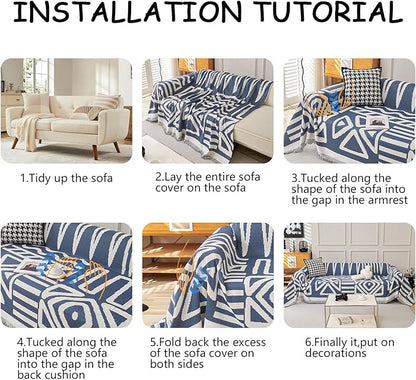 HANDONTIME Boho Chenille Sofa Cover - Denim Blue Reversible Blanket for L Shaped Sectional Couch - Geometric Protector for Dogs, 71" X 71"