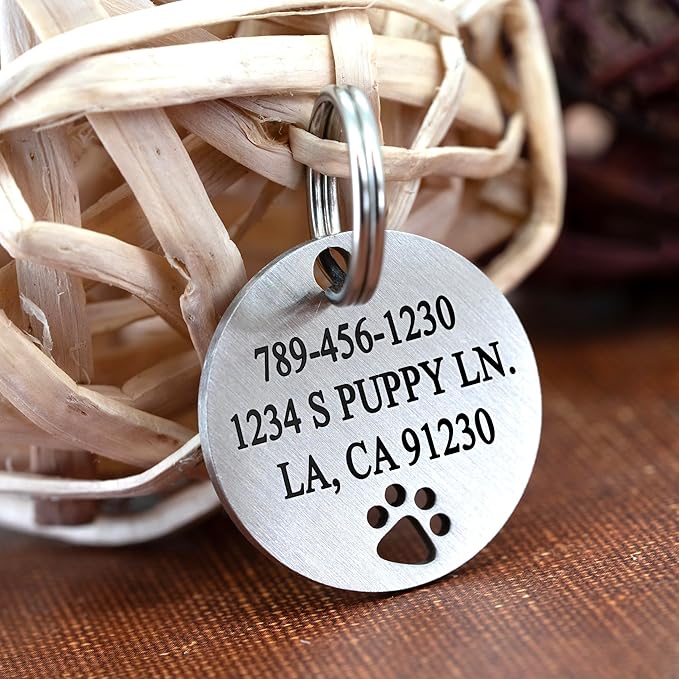 Ultra Joys Dog Tags Personalized for Pets - Hollow Paw Custom Pet ID Tag - Engraved Dog Tag for Small, Large Dogs - Small Round in Silver