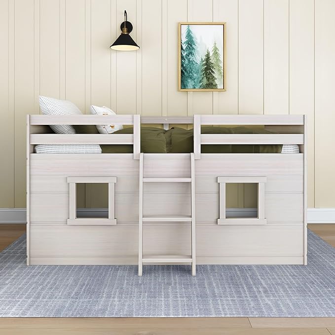 Max & Lily Modern Farmhouse Twin Low Loft Bed with Two Windows - Solid Wood, 15” Guardrails, 400-lb Capacity, Low-VOC Finish, White Wash