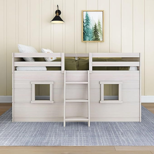 Max & Lily Modern Farmhouse Twin Low Loft Bed with Two Windows - Solid Wood, 15” Guardrails, 400-lb Capacity, Low-VOC Finish, White Wash