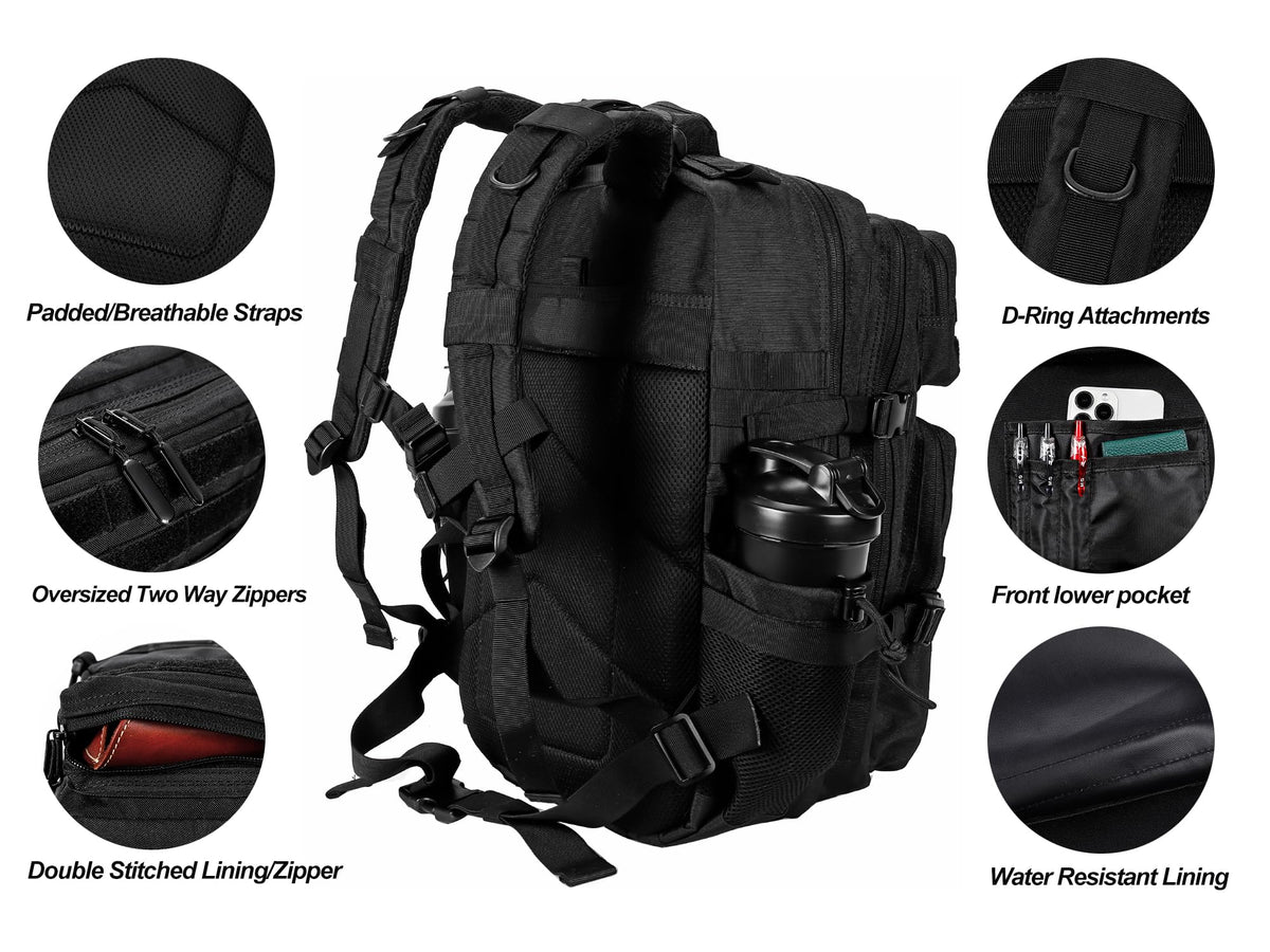 LHI Military Tactical Backpack for Men and Women 45L Army 3 Days Assault Pack Bag Large Rucksack with Molle System - Black