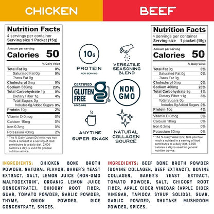Bare Bones Bone Broth Instant Powdered Beverage Mix, Chicken & Beef, Variety Pack of 8, 4 Chicken & 4 Beef - 15g Sticks, 10g Protein, Keto & Paleo Friendly
