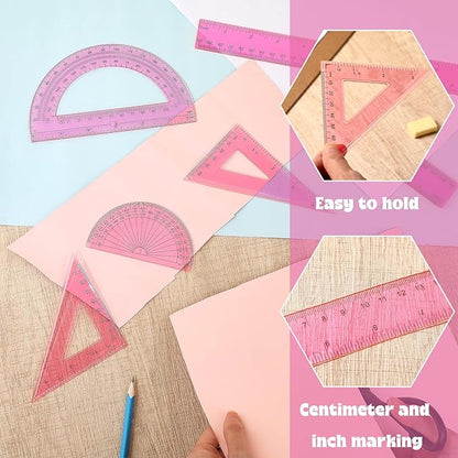 Tenare 1 Set Plastic Clear Math Set Includes Protractor Triangle Rulers 12 Inch 6 Inch Straight Geometry Math Transparent Ruler Measuring Tool for School Office Home Supplies(Pink)