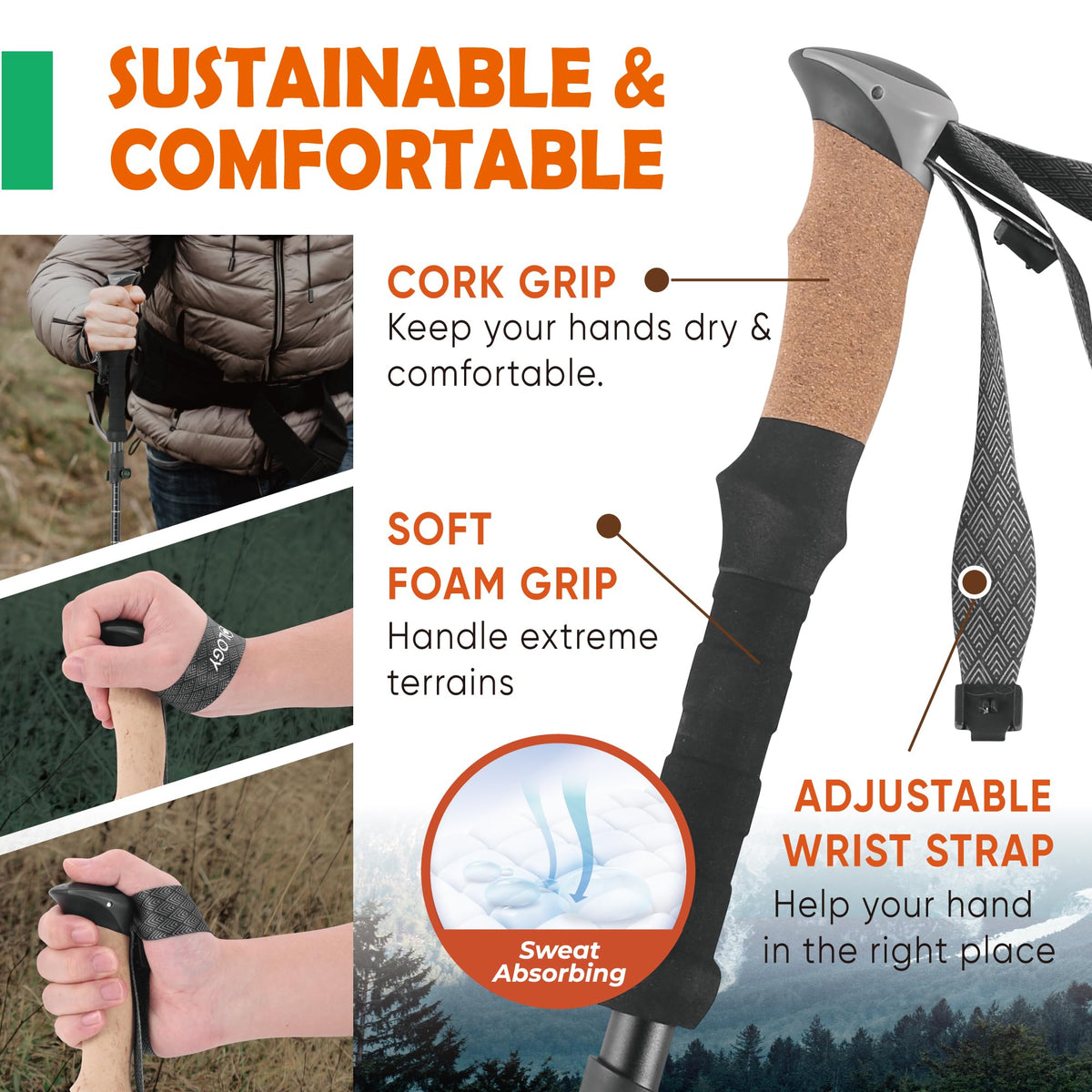 TREKOLOGY Trek-Z Cork Grip Trekking Poles – Lightweight Folding Hiking Poles, Adjustable Height, Compact Travel Design, Aircraft-Grade Aluminum Walking Sticks for Men & Women (Black with Green)