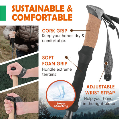 TREKOLOGY Trek-Z Cork Grip Trekking Poles – Lightweight Folding Hiking Poles, Adjustable Height, Compact Travel Design, Aircraft-Grade Aluminum Walking Sticks for Men & Women (Black with Green)
