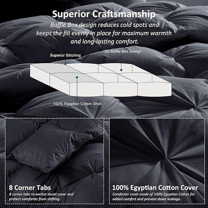 Luxurious Goose Down Feather Fiber Comforter Duvet Insert, Exquisite Pinch Pleat Black Design, Oversize Palatial King 120 x 98, Premium Baffle Box 100% Egyptian Cotton, 90 oz Fill Weight