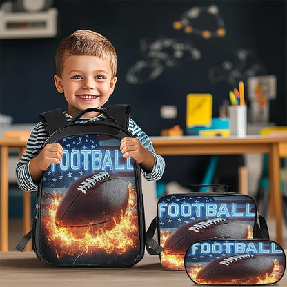 Football Backpack Set 3 Piece School Bags and Lunch Box with Pencil Case American Flag Football Bookbag Set for Toddler Kids Girls Boys Teens Kindergarten Elementary Middle
