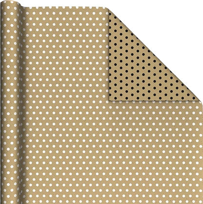 Hallmark Bulk Kraft Reversible Wrapping Paper Rolls (2 Rolls: 160 Sq. Ft. Total) Black Polka Dots, White Stripes for Birthdays, Weddings, Graduations, Baby Showers, Holidays