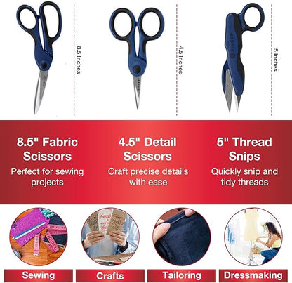 SINGER ProSeries Sewing Scissors Bundle: 8.5" Heavy Duty Fabric, 4.5" Detail Embroidery, 5" Thread Snips With Comfort Grip (Dark Blue)