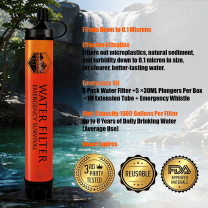 5-Pack Personal Water Filter Straw with Emergency Whistle, Portable Reusable Survival Filter for Family Camping, Hiking, Backpacking & Emergency Preparedness