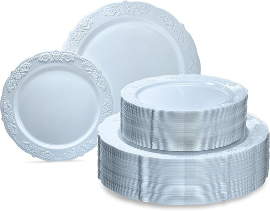 " OCCASIONS " 240 Plates Pack,(120 Guests) Vintage Wedding Party Disposable Plastic Plates Set-120x10.25'' Dinner +120x7.5'' Salad/Dessert Plate (Portofino Plain Blue)