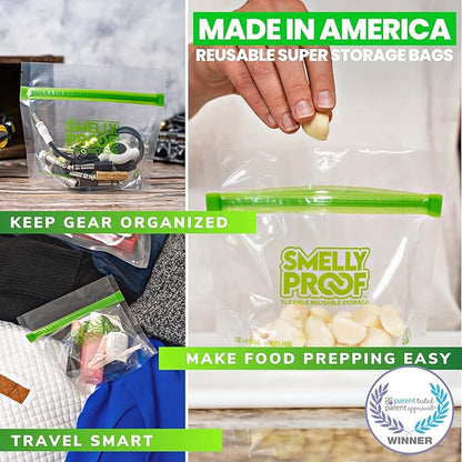 Smelly Proof 25 x Expandable Stand-Up & Fill REUSABLE Food Storage Bags Designed, US Made, PEVA & BPA FREE, Reusable Freezer Bags, Dishwasher-Safe, Clear 3 mils STAND & FILL 4" x 3" - 25pk