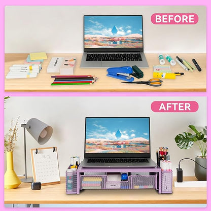 Computer Monitor Stand Riser with Drawer and Pen Holders, Desk Organizer Shelf and Accessories, Office Desk Accessories, Office Organization, Purple