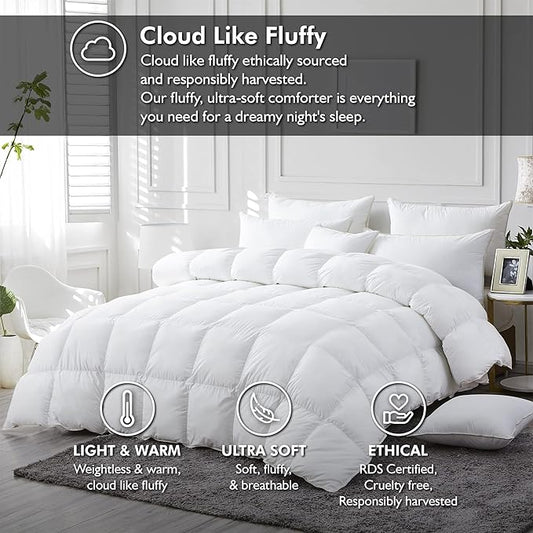 Luxurious White Solid Medium Weight, Palatial King Size Goose Feathers Down Comforter for All-Season Weather, 120 X 98 inches, Premium Baffle Box, 100% Egyptian Cotton Cover, 85 oz. Fill Weight