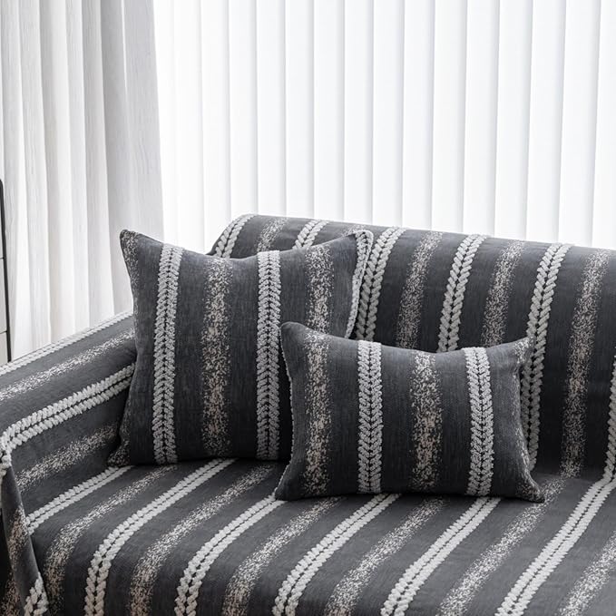 Pack of 1 Decorative Throw Pillow Covers 12x20 Inch, Pillow Cases for Living Room Couch Bedroom Farmhouse Home Decor, Soft Stripe Chenille Cushion Covers for Sofa Grey,12''x20''