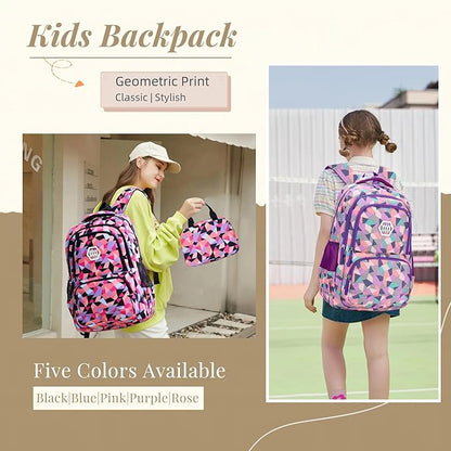 3Pcs Geometric Print Kids Backpack Set for Girls with Lunchbox, Capacity Elementary Middle School Bag Girls Backpack and Lunchbox Set