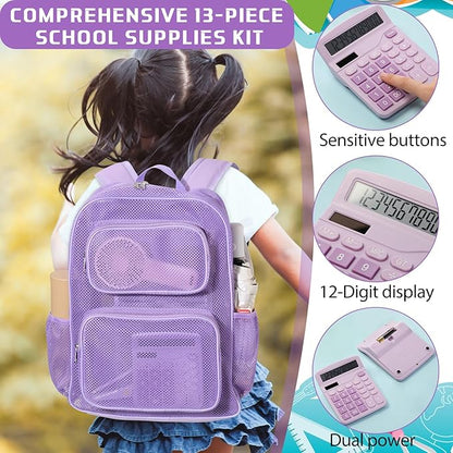 13 Piece Operation Christmas Bulk Item, 17" Mesh Backpack Semi Transparent Heavy Duty, Notebook for Holiday Donation(Purple)
