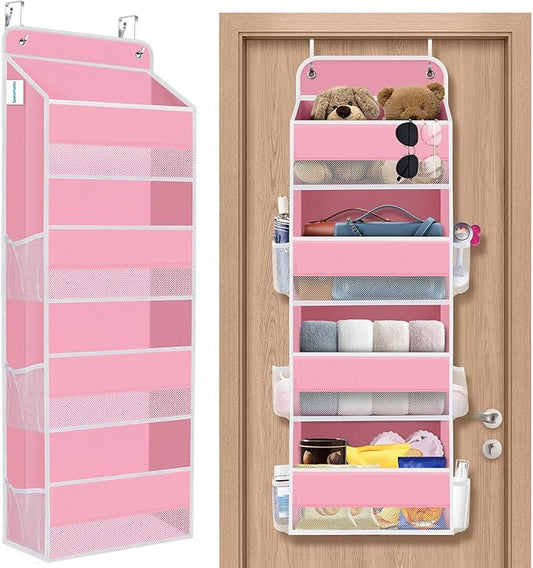 1 Pack Over The Door Organizer Hanging Storage Organizers with Clear Window 40lb Large Capacity Room Organizer for Pantry Laundry Bathroom Nursery Closet(Pink)