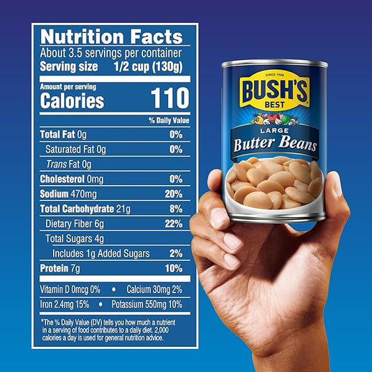 BUSH'S BEST 16 oz Canned Large Butter Beans, Source of Plant Based Protein and Fiber, Low Fat, Gluten Free, (Pack of 12)