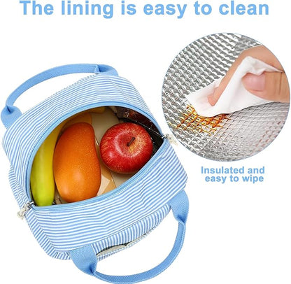 LEDAOU Lunch Box for Women Insulated Lunch Bag Corduroy Lunch Tote Bags Leakproof Cooler Lunch Case for Travel Work Picnic (K-Stripes-Blue)