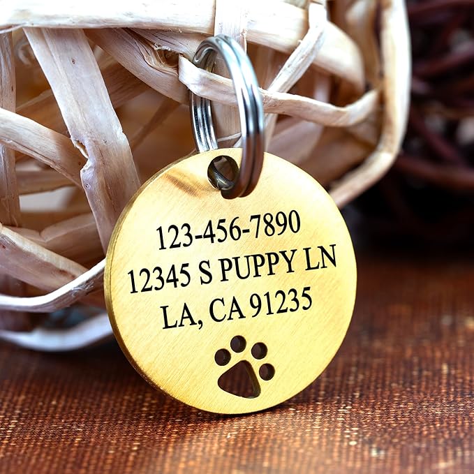 Ultra Joys Dog Tags Personalized for Pets - Hollow Paw Custom Pet ID Tag - Engraved Dog Tag for Small, Large Dogs - Large Round in Gold
