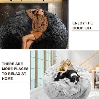 (No Filler Bean Bag Chair Cover Without Filler,Big Round Soft Fluffy PV Velvet Washable Bean Bag Lazy Sofa Bed Cover for Adults,Living Room Bedroom Furniture Outside,5ft Snow Grey