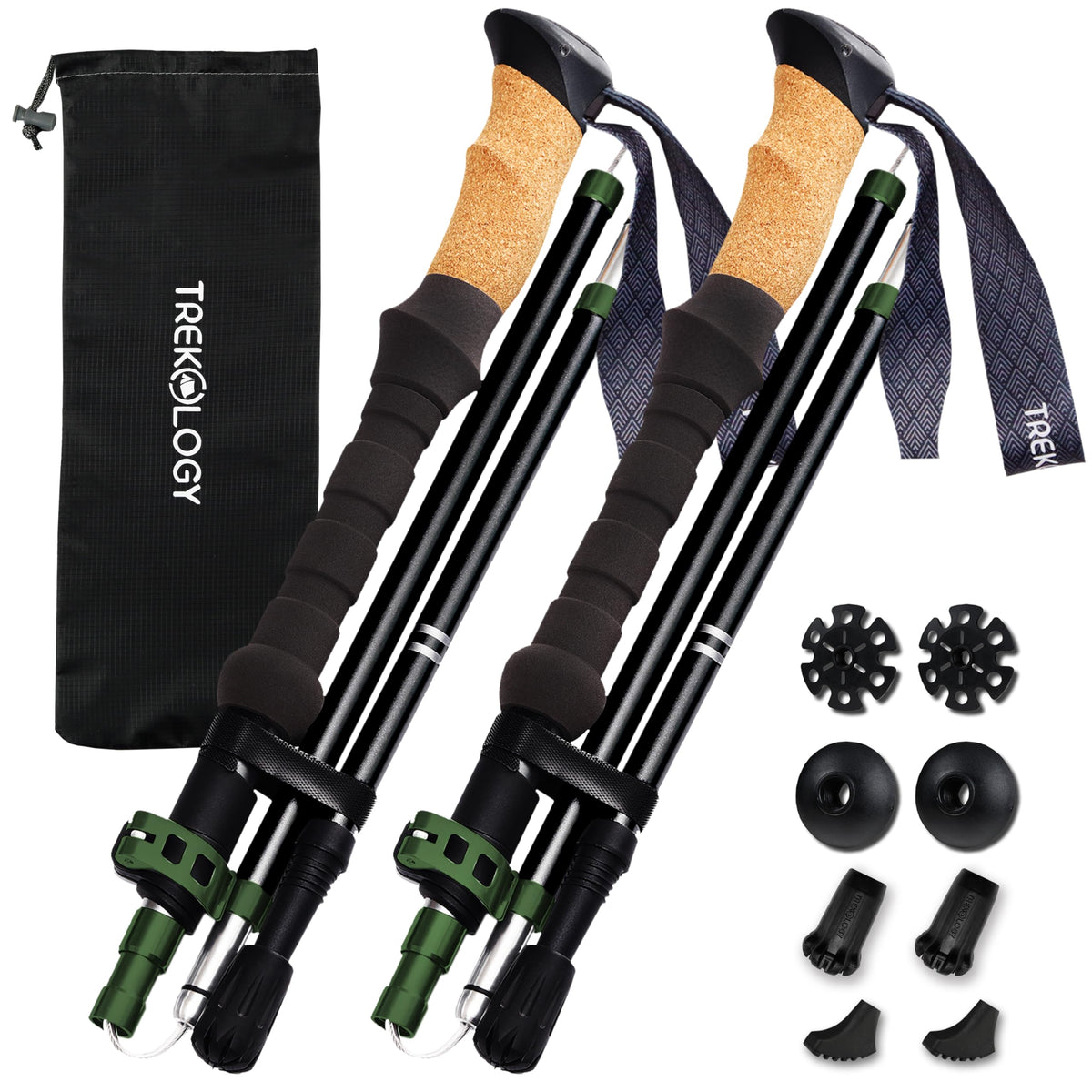TREKOLOGY Trek-Z Cork Grip Trekking Poles – Lightweight Folding Hiking Poles, Adjustable Height, Compact Travel Design, Aircraft-Grade Aluminum Walking Sticks for Men & Women (Black with Green)