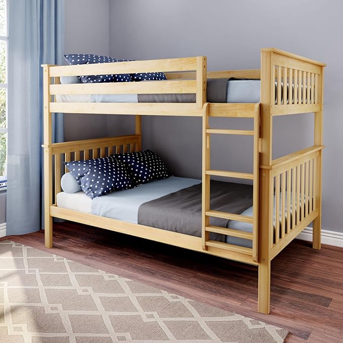 Max & Lily Full Over Full Bunk Bed with Ladder, Solid Wood Platform Bed Frame for Kids, 14" Safety Guardrails, Easy Assembly, No Box Spring Needed, Natural