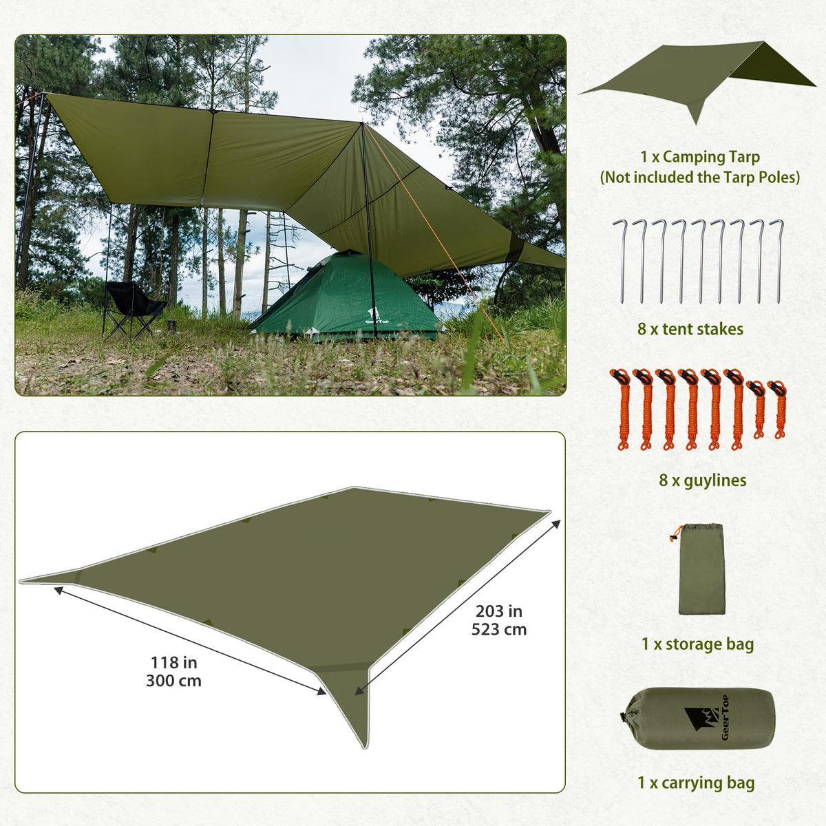 GEERTOP 17 × 10 ft Large Camping Tent Tarp Outdoor Waterproof Flame Retardant Hammock Rain Fly Backpacking Tent Tarp Shelter for Hiking Travel Picnic(Not Includes Poles)