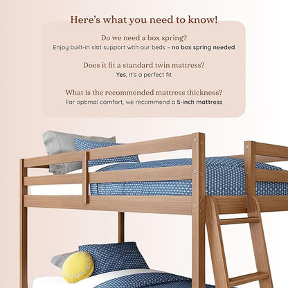 Grain & Grove Bear Twin Over Twin Bunk Bed, Low Bunk Bed Frame for Kids, Bunk with Ladder, Guardrail, and Slats, No Box Spring Required, Oak Embossed Pecan