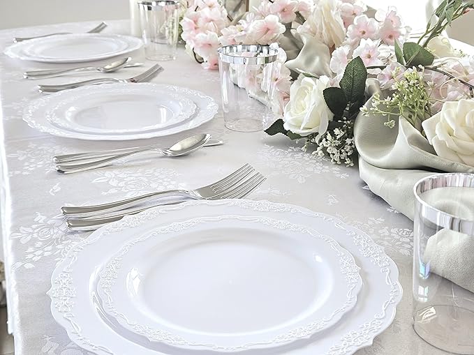 " OCCASIONS " 240 Plates Pack,(120 Guests) Vintage Wedding Party Disposable Plastic Plates Set-120x10.25'' Dinner +120x7.5'' Salad/Dessert Plate (Portofino Plain White)