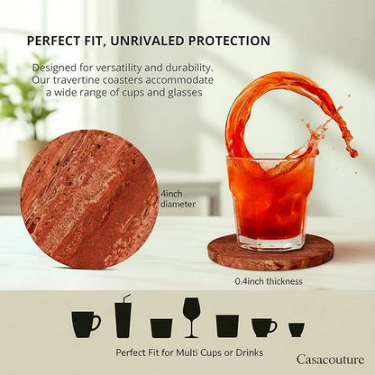 CASACOUTURE-Red Travertine-Stone-Coasters Set of 4-Round -4" Diameter Drink Coasters for Housewarming Desktop Protection Suitable for Various Cups - Sturdy and Durable Aesthetics