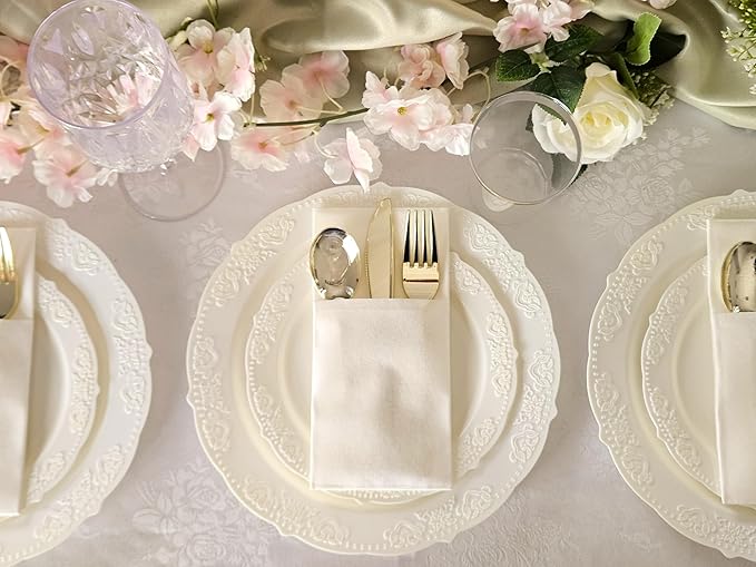 " OCCASIONS " 50 Plates Pack (25 Guests) Vintage Wedding Party Disposable Plastic Plate Set -25x10.25'' Dinner +25x7.5'' Salad/Dessert plates (Portofino Plain Ivory)