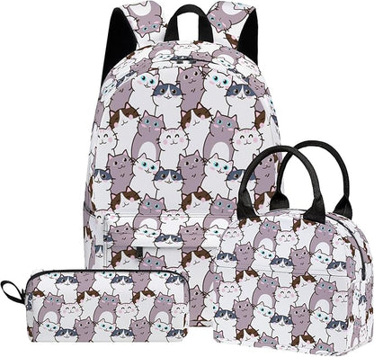 Cat Cute 3PCS Backpack Set for Teens Elementary Middle High School, 17 Inch Lightweight Classic Backpack 3 in 1 Set for Girls Boys, Kids Back to School Backpack with Lunch Box Pencil Case