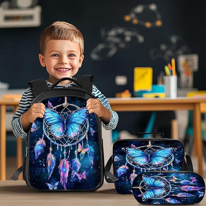 Butterfly Backpack Set 3 Piece School Bags and Lunch Box with Pencil Case Blue Butterfly Dream Catcher Bookbag Set for Toddler Kids Girls Boys Teens Kindergarten Elementary Middle