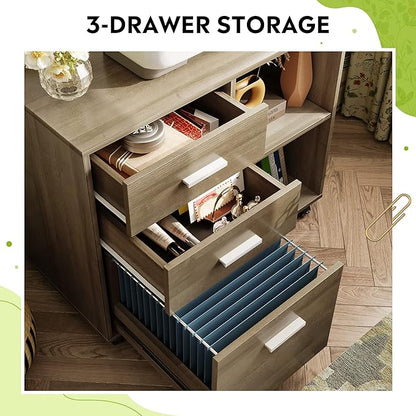 DEVAISE 3 Drawer Mobile File Cabinet, Wood Lateral Filing Cabinet, Printer Stand with Open Shelves for Home Office, Gray Oak