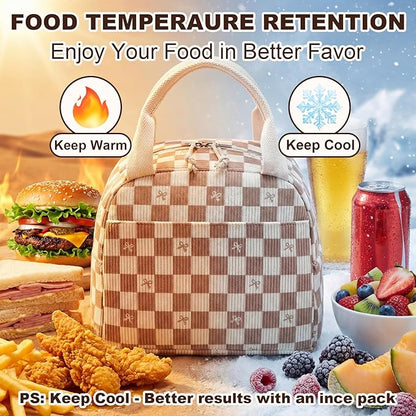 LEDAOU Lunch Box for Women Insulated Lunch Bag Corduroy Lunch Tote Bags Leakproof Cooler Lunch Case for Travel Work Picnic (rown Checkered Bow)