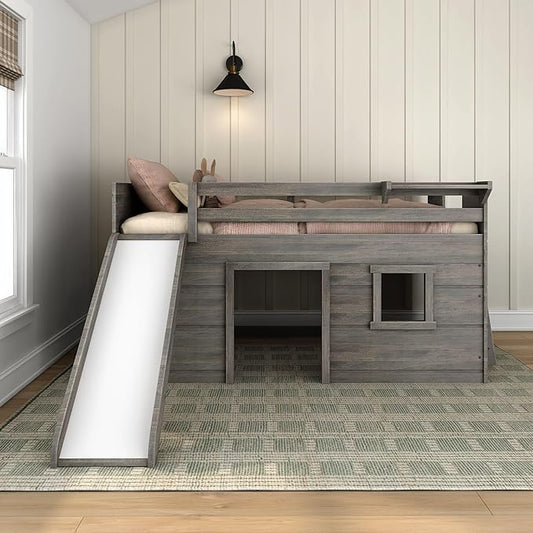 Max & Lily Loft Bed Twin Size, Solid Wood Low Loft Bed with Slide and Ladder, Modern Farmhouse Loft Bed for Kids, Driftwood