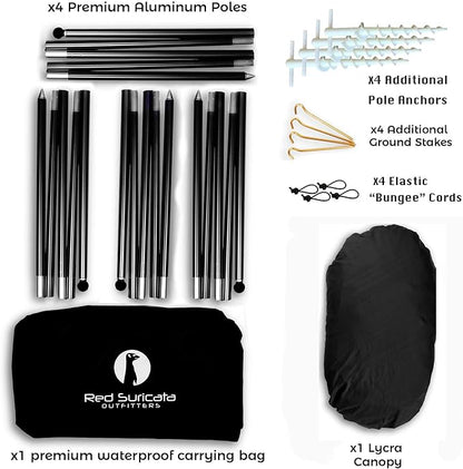 Red Suricata Family Beach Tent & Canopy, UPF50 Sun Shade, 4 Aluminum Poles, Sand Shovel, Large Portable Sun Shelter (Large, Black)