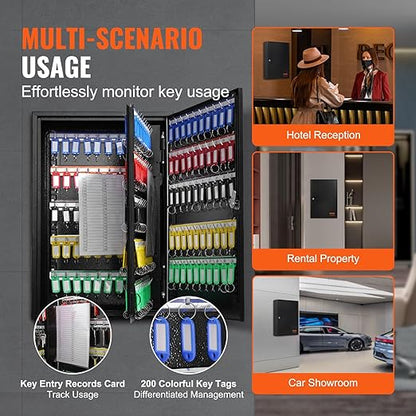 VEVOR 200-Key Cabinet, Key Lock Box with Adjustable Racks, Security Key Storage Box Steel, Key Organizer with 200 Colorful Key Tags and 4 Record Cards for School, Office, Hotel