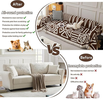 HANDONTIME Chocolate Boho Couch Cover Reversible Sofa Covers for 3 Cushion Washable Couch Sofa Cover for Dogs Dark Couches Covers Chenille Couch Protector Couch Covers for Sofa, 71" X71"