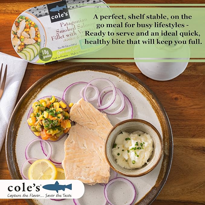 COLE’S - Patagonian Smoked Salmon Fillet with Vegetables| Ready to Eat Meal | 5.6 oz Canned & Hand-Packed | 19g Protein | High in Vitamin D | 12 pack