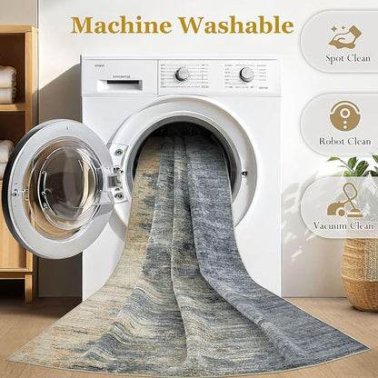 Area Rugs for Living Room: 3x5 Abstract Washable Rug Modern Neutral Large Soft Stain Resistant Non-Slip Backing Machine Table for Bedroom Dining Room Indoor Home Office Carpet - Blue Gold