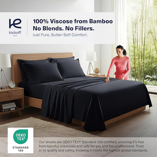 Kickoff Viscose Bamboo Sheets California King Size 4-pc 100% Organic Bamboo Viscose Bed Cooling Sheets Cal King Set Cool Bedding for hot Sleepers Sheet, Flat, Fitted, Pillowcases (Onyx Black, CK)